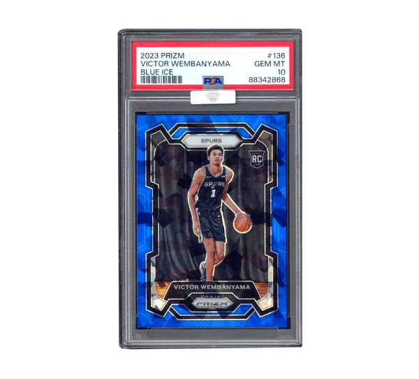 Victor Wembanyama Panini Prizm Blue Ice rookie card #136, PSA 10